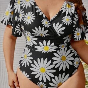 Plus Size Black Daisy One-Piece Swimsuit with Flutter Sleeves - NWOT Size 3X